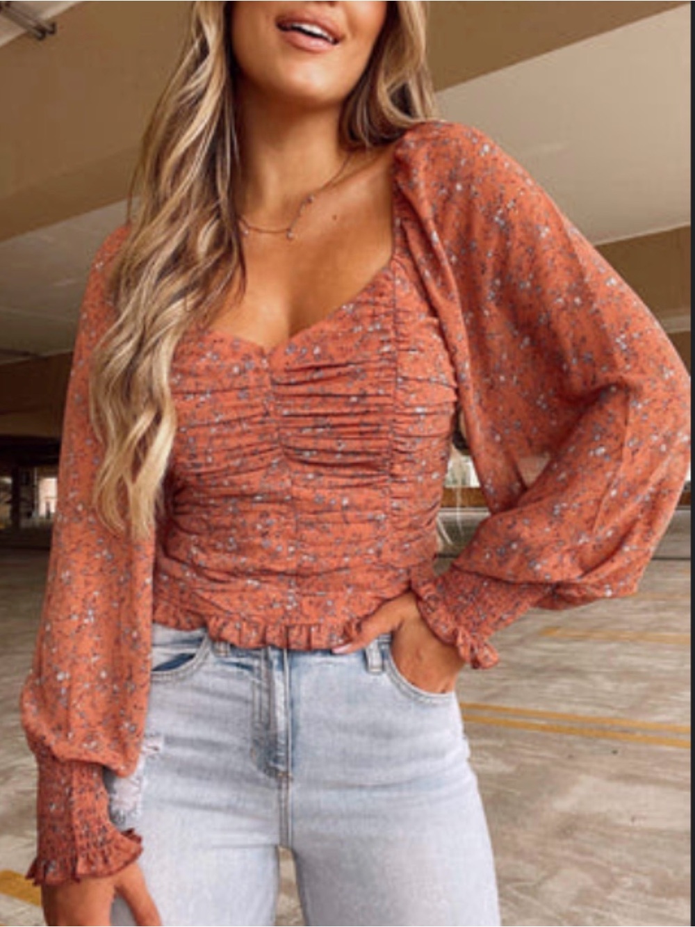 Ruched Sweetheart Long-Sleeve Top in Rust Floral